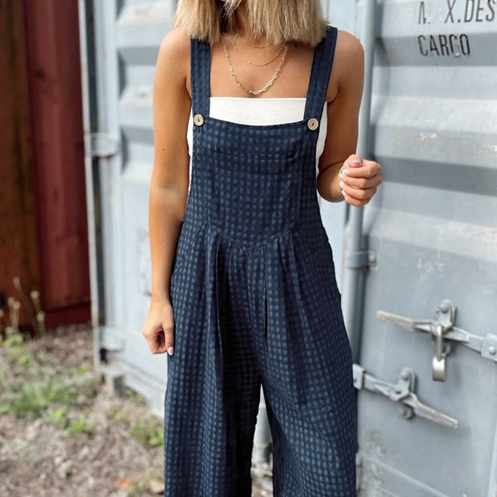 B243 Sail Blue Plaid Print Buttoned Pocketed High Waist Overall